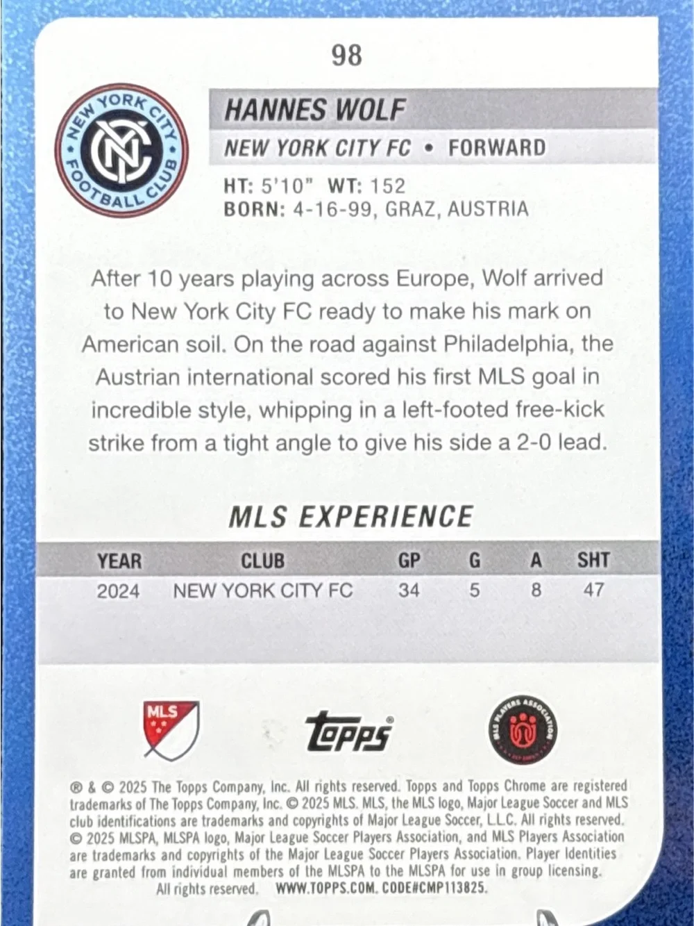 Topps Chrome Hannes Wolf New York City FC Soccer Card - Refractor